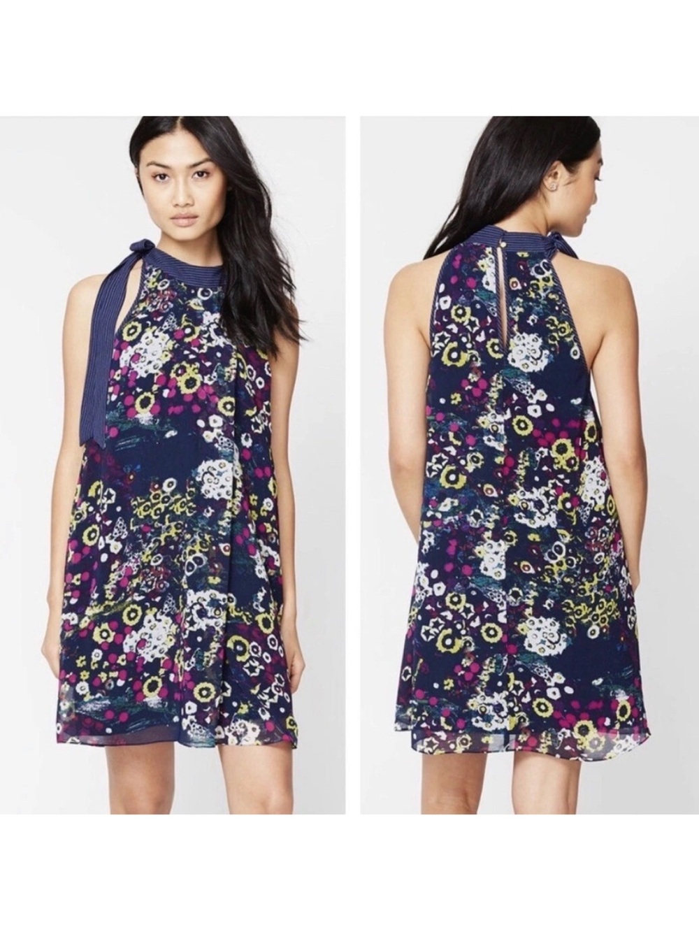 RACHEL Rachel Roy Navy Floral Tie-Neck Midi Dress